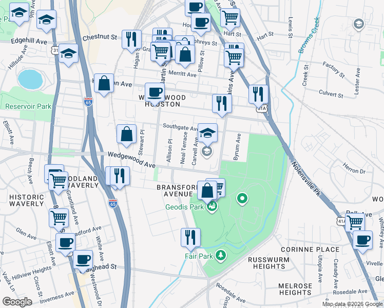 map of restaurants, bars, coffee shops, grocery stores, and more near 526 Wedgewood Avenue in Nashville