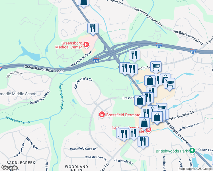map of restaurants, bars, coffee shops, grocery stores, and more near 3745 Winborne Lane in Greensboro