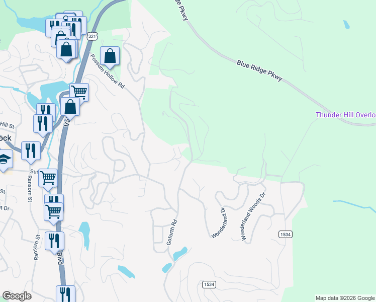 map of restaurants, bars, coffee shops, grocery stores, and more near 1442 Goforth Road in Blowing Rock