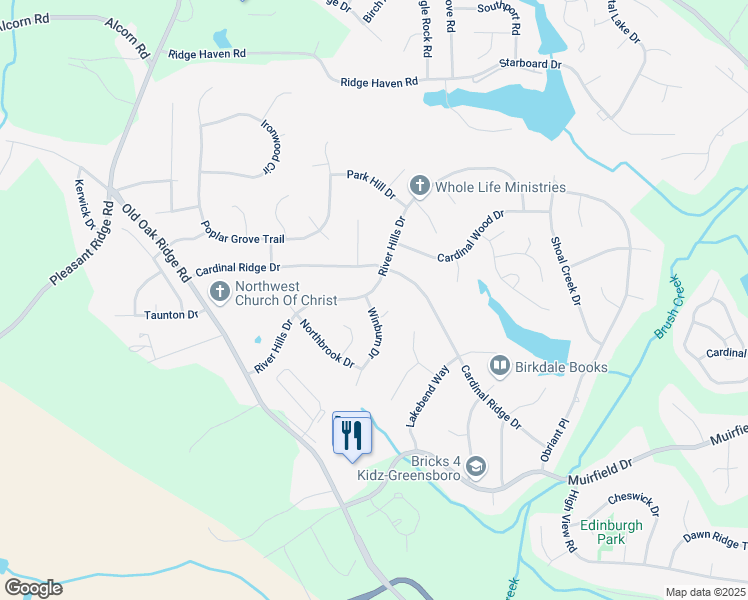 map of restaurants, bars, coffee shops, grocery stores, and more near 6709 River Hills Drive in Greensboro