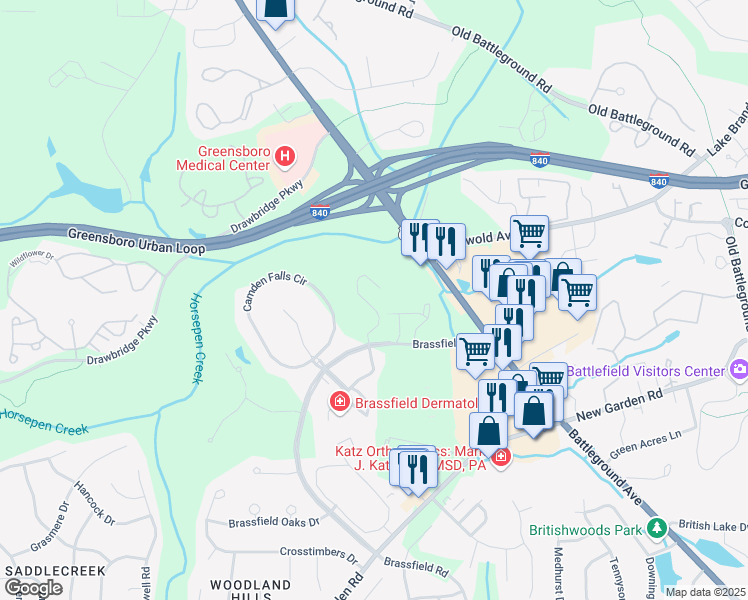 map of restaurants, bars, coffee shops, grocery stores, and more near 3732 Winborne Lane in Greensboro