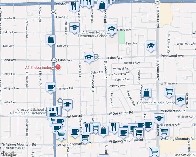 map of restaurants, bars, coffee shops, grocery stores, and more near 3040 Westwind Road in Las Vegas