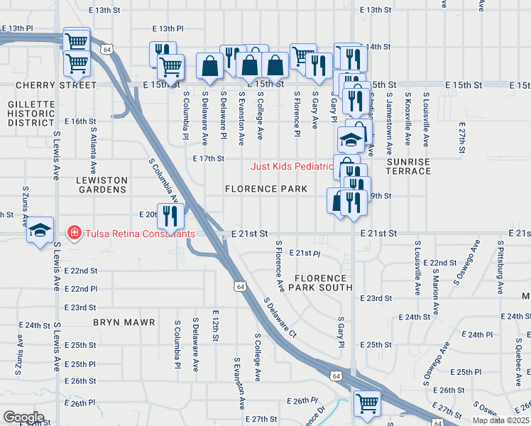 map of restaurants, bars, coffee shops, grocery stores, and more near 1923 South College Avenue in Tulsa