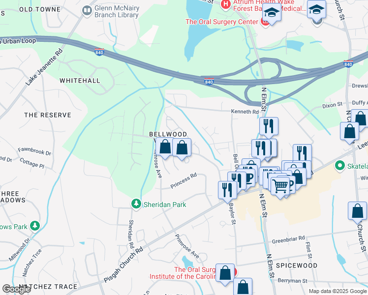 map of restaurants, bars, coffee shops, grocery stores, and more near 3 Nandina Drive in Greensboro