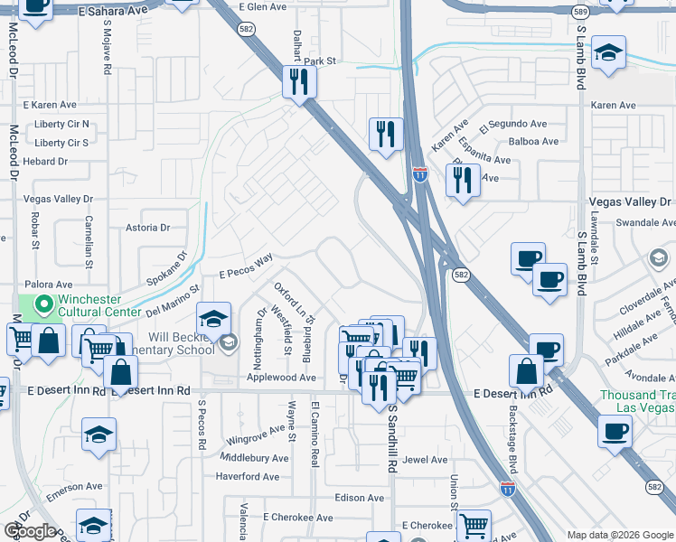 map of restaurants, bars, coffee shops, grocery stores, and more near 656 Greenbriar Townhouse Way in Las Vegas