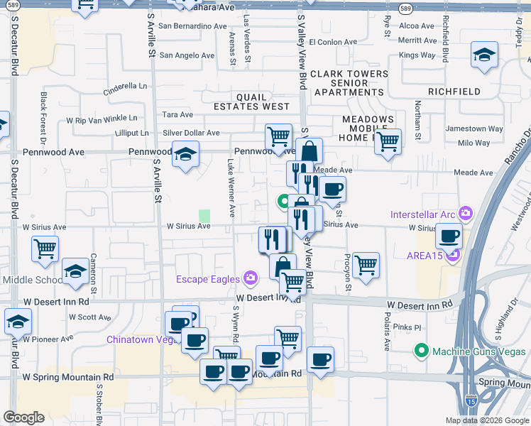 map of restaurants, bars, coffee shops, grocery stores, and more near 3851 Familian Drive in Las Vegas
