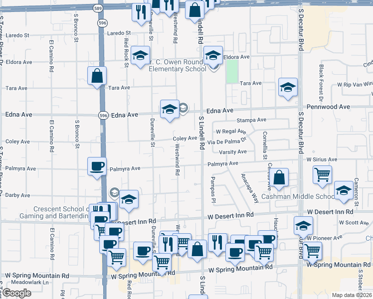 map of restaurants, bars, coffee shops, grocery stores, and more near 3030 Westwind Road in Las Vegas