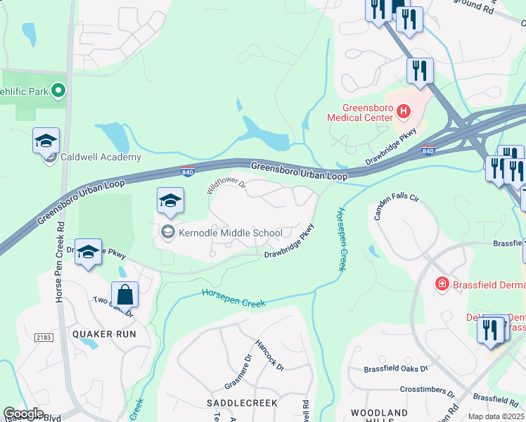 map of restaurants, bars, coffee shops, grocery stores, and more near 4100 Well Spring Drive in Greensboro