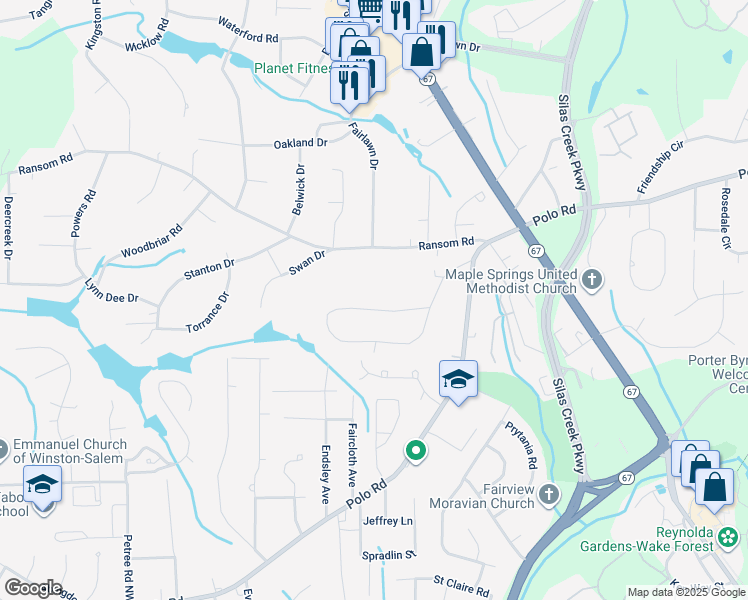 map of restaurants, bars, coffee shops, grocery stores, and more near 425 Yates Road in Winston-Salem
