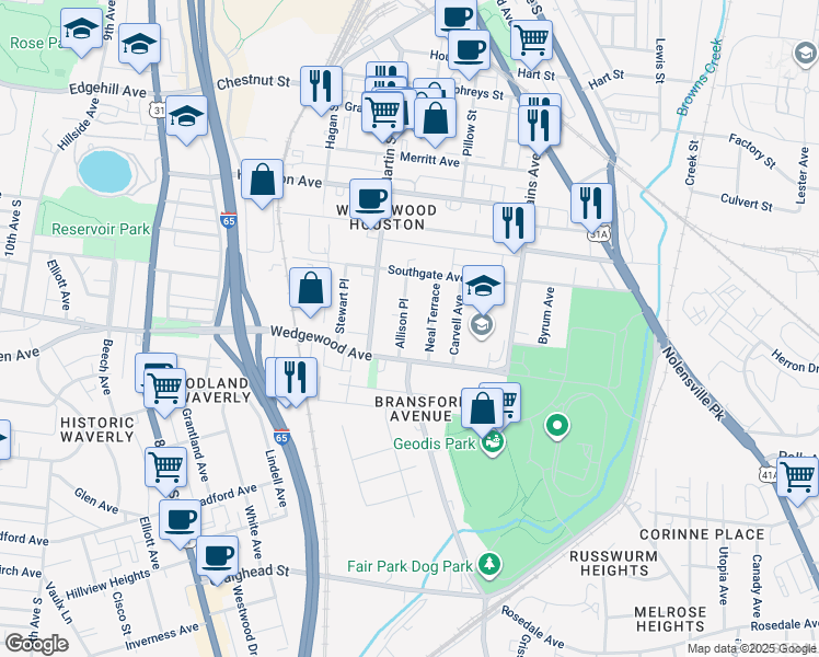 map of restaurants, bars, coffee shops, grocery stores, and more near 1714C Allison Place in Nashville