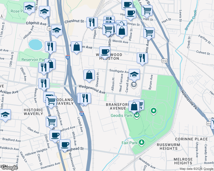 map of restaurants, bars, coffee shops, grocery stores, and more near 1711 Martin Street in Nashville