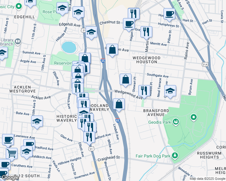 map of restaurants, bars, coffee shops, grocery stores, and more near 1401-1599 Fort Negley Boulevard in Nashville
