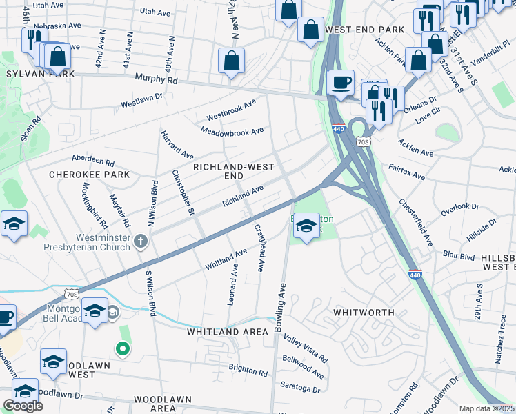 map of restaurants, bars, coffee shops, grocery stores, and more near 3641 Richland Avenue in Nashville