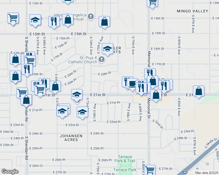 map of restaurants, bars, coffee shops, grocery stores, and more near 7619 East 21st Street in Tulsa