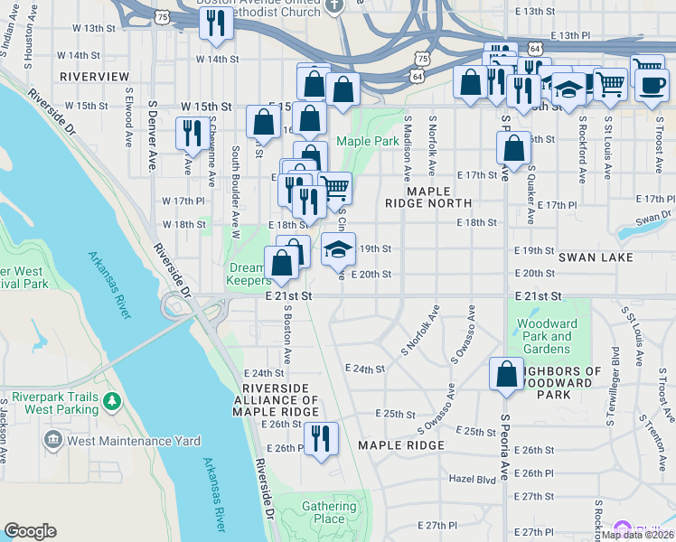 map of restaurants, bars, coffee shops, grocery stores, and more near 204 East 19th Street in Tulsa