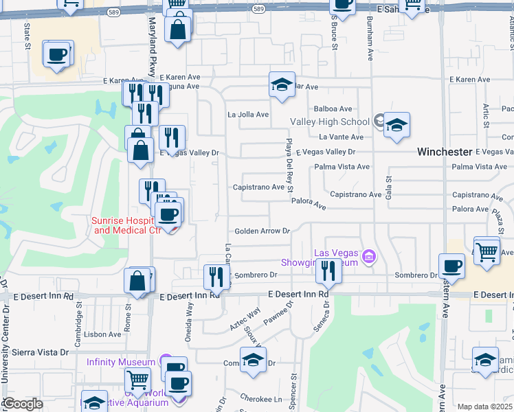 map of restaurants, bars, coffee shops, grocery stores, and more near 1615 Palora Avenue in Las Vegas