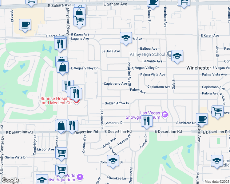 map of restaurants, bars, coffee shops, grocery stores, and more near 1615 Palora Avenue in Las Vegas