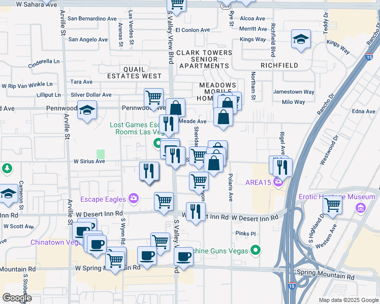 map of restaurants, bars, coffee shops, grocery stores, and more near 3025 Sheridan Street in Las Vegas