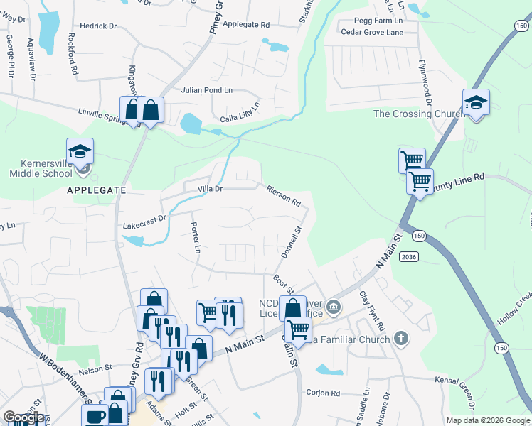 map of restaurants, bars, coffee shops, grocery stores, and more near 316 Windsor Manor Way in Kernersville