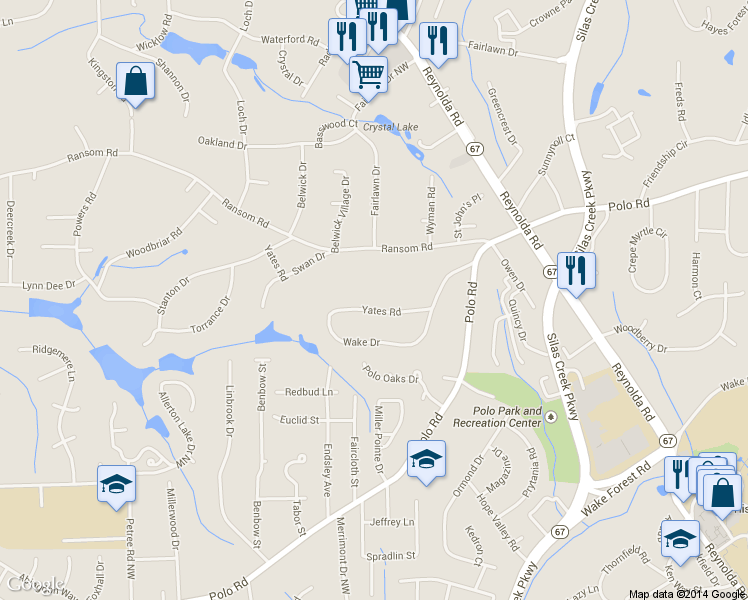 map of restaurants, bars, coffee shops, grocery stores, and more near 425 Yates Road in Winston-Salem