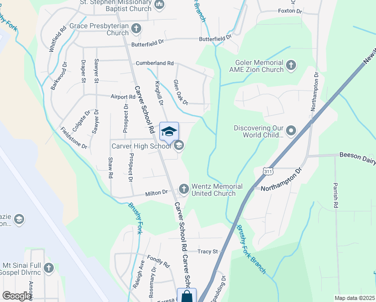 map of restaurants, bars, coffee shops, grocery stores, and more near 3545 Carver School Road in Winston-Salem