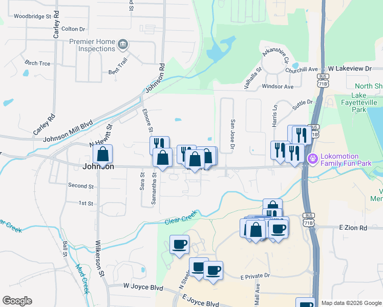 map of restaurants, bars, coffee shops, grocery stores, and more near 5530 Blake Lane in Fayetteville