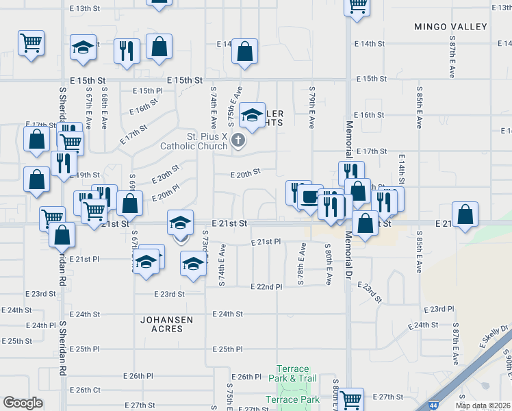 map of restaurants, bars, coffee shops, grocery stores, and more near 7619 East 21st Street in Tulsa