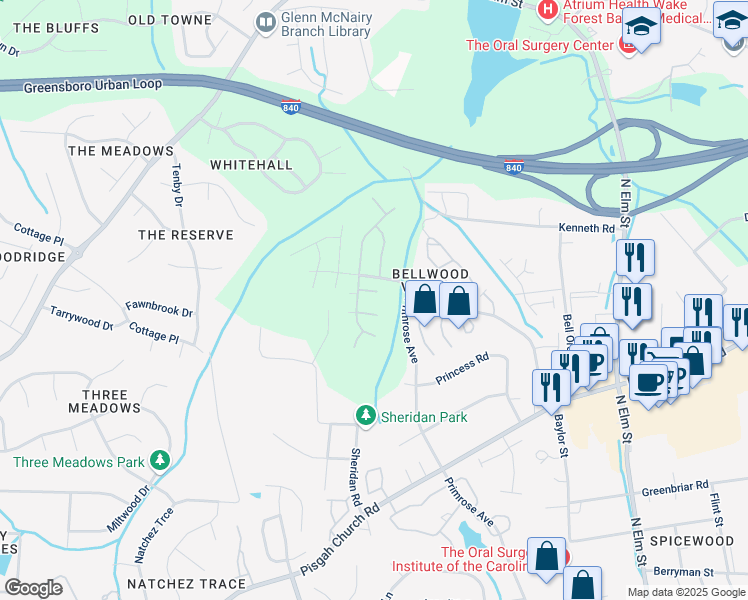 map of restaurants, bars, coffee shops, grocery stores, and more near 4103 King Edward Court in Greensboro