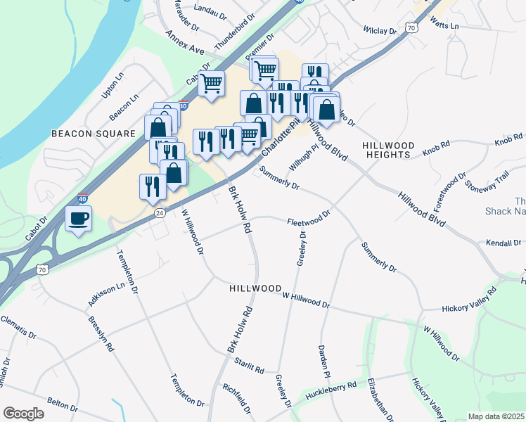 map of restaurants, bars, coffee shops, grocery stores, and more near 6722 Fleetwood Drive in Nashville