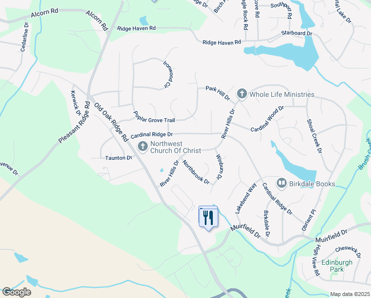 map of restaurants, bars, coffee shops, grocery stores, and more near 3515 Cardinal Ridge Drive in Greensboro