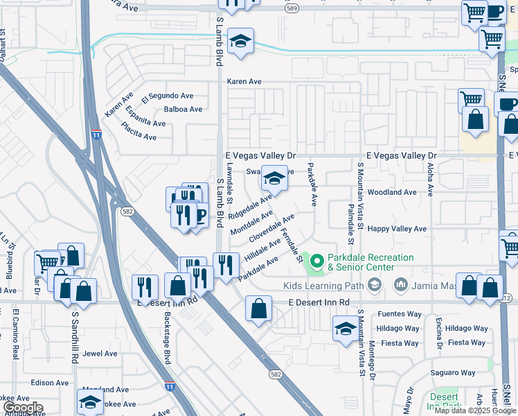 map of restaurants, bars, coffee shops, grocery stores, and more near 4323 Ridgedale Avenue in Las Vegas
