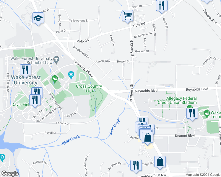 map of restaurants, bars, coffee shops, grocery stores, and more near 2355 Bethabara Haven Drive in Winston-Salem