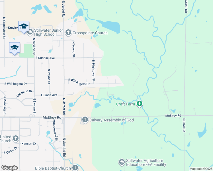 map of restaurants, bars, coffee shops, grocery stores, and more near 2517 East Will Rogers Drive in Stillwater