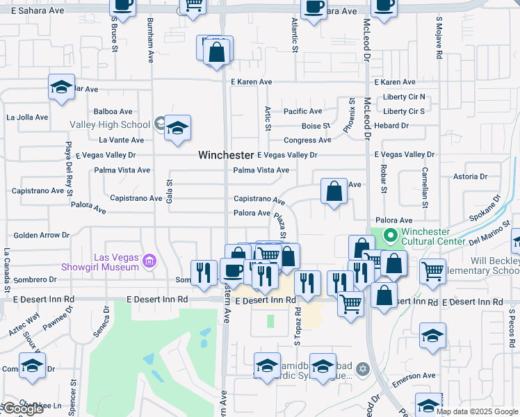 map of restaurants, bars, coffee shops, grocery stores, and more near 2522 Capistrano Avenue in Las Vegas