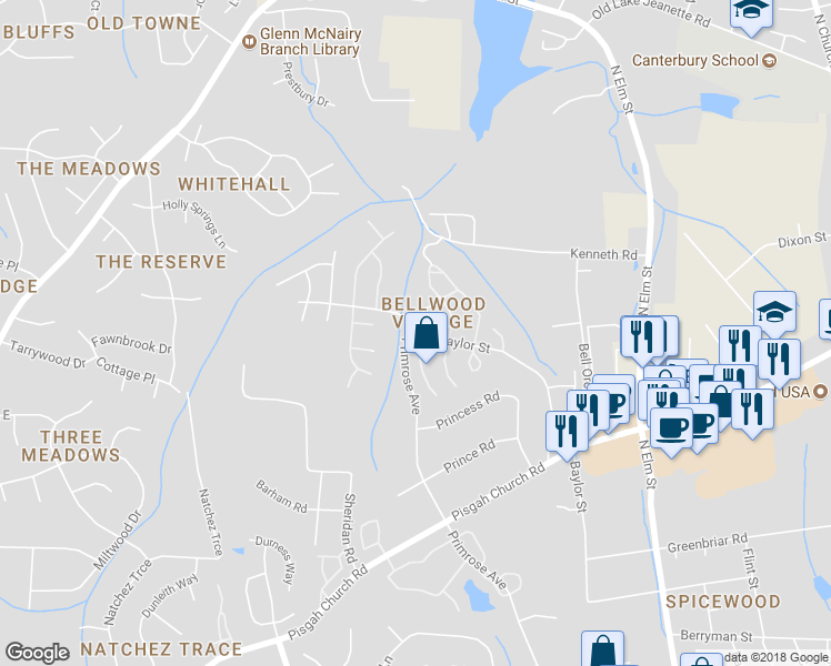 map of restaurants, bars, coffee shops, grocery stores, and more near 4483 Baylor Street in Greensboro
