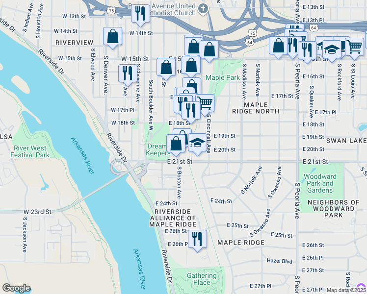 map of restaurants, bars, coffee shops, grocery stores, and more near 1823 South Boston Avenue in Tulsa
