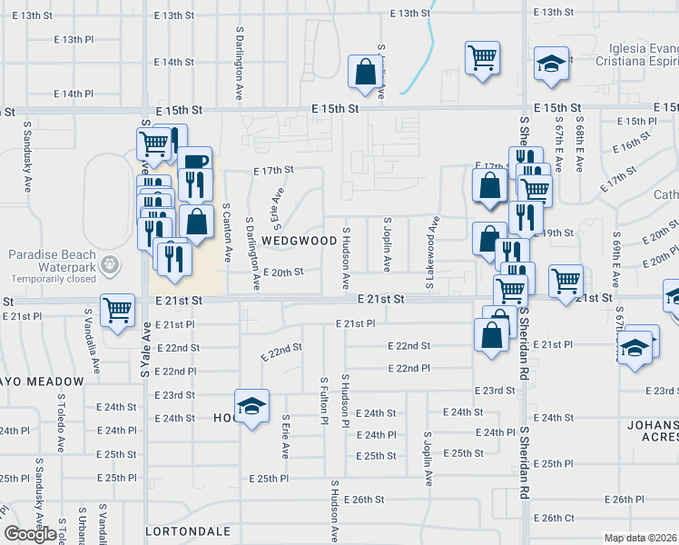 map of restaurants, bars, coffee shops, grocery stores, and more near 1844 South Hudson Avenue in Tulsa