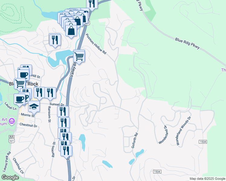map of restaurants, bars, coffee shops, grocery stores, and more near 708 Possum Hollow Road in Blowing Rock