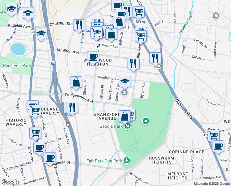 map of restaurants, bars, coffee shops, grocery stores, and more near 1712B Neal Terrace in Nashville