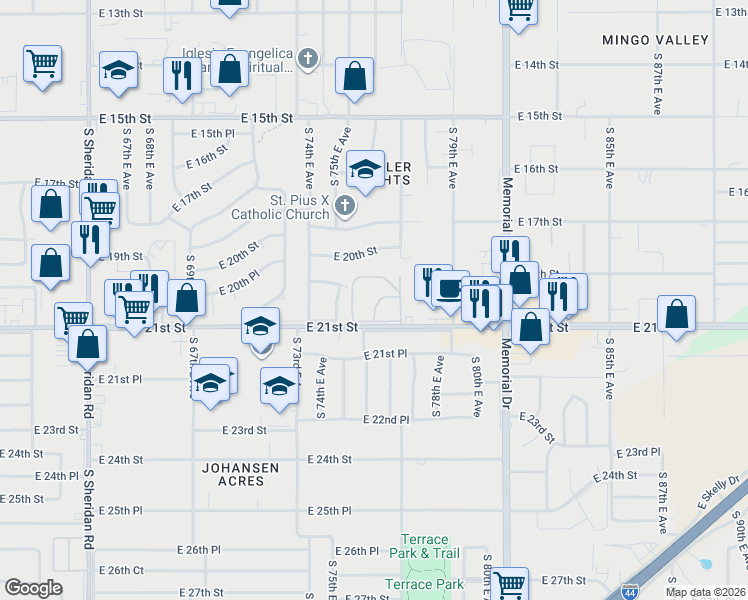 map of restaurants, bars, coffee shops, grocery stores, and more near 7625 East 21st Street in Tulsa