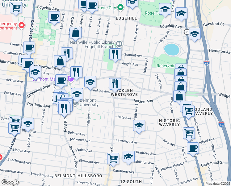map of restaurants, bars, coffee shops, grocery stores, and more near 1900 12th Avenue South in Nashville