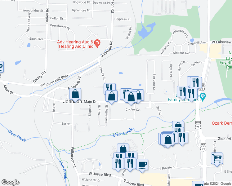 map of restaurants, bars, coffee shops, grocery stores, and more near 2212 Ellington Drive in Springdale