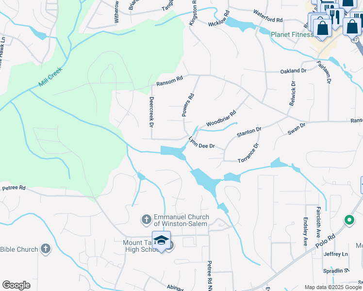 map of restaurants, bars, coffee shops, grocery stores, and more near 731 Lynn Dee Drive in Winston-Salem