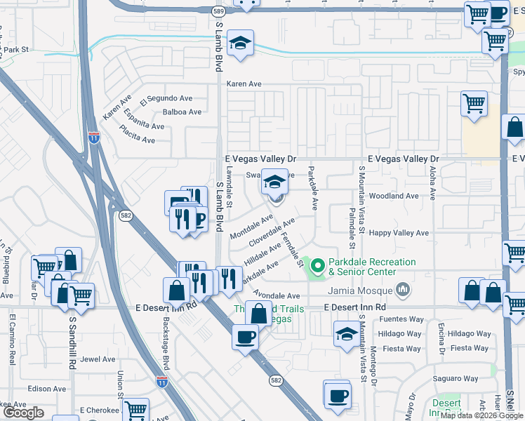 map of restaurants, bars, coffee shops, grocery stores, and more near 3012 Ferndale Street in Las Vegas