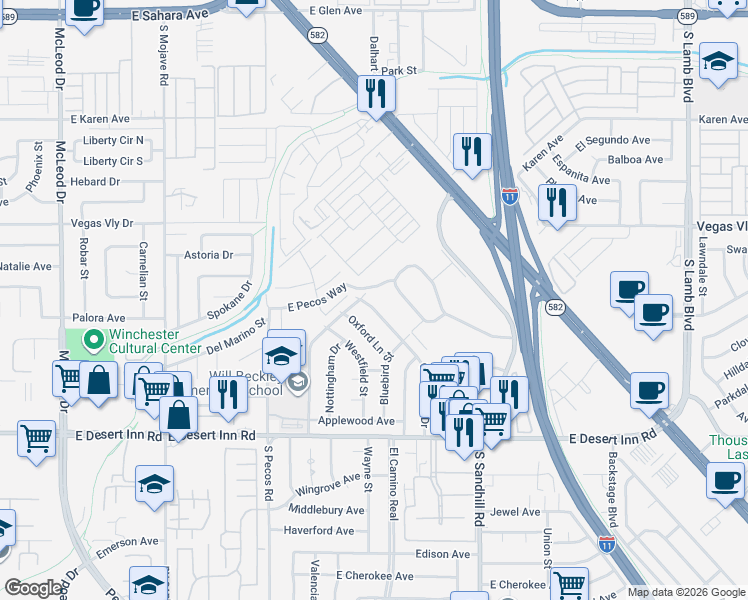 map of restaurants, bars, coffee shops, grocery stores, and more near 629 East Pecos Way in Las Vegas