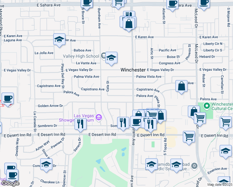map of restaurants, bars, coffee shops, grocery stores, and more near 2266 Capistrano Avenue in Las Vegas