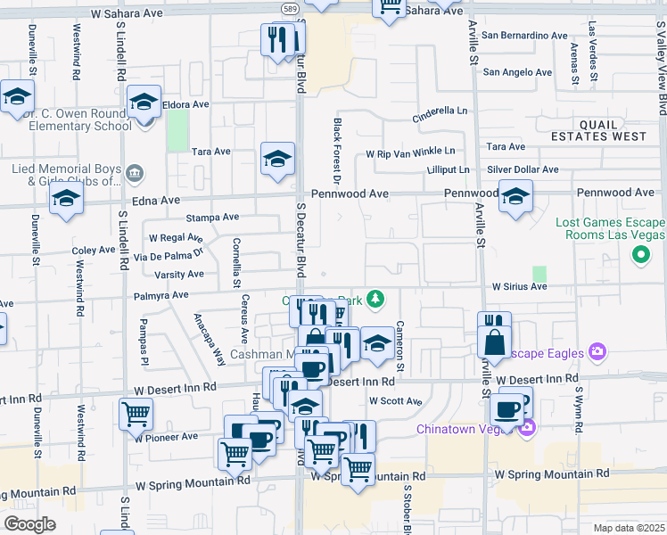 map of restaurants, bars, coffee shops, grocery stores, and more near 4747 Pennwood Avenue in Las Vegas