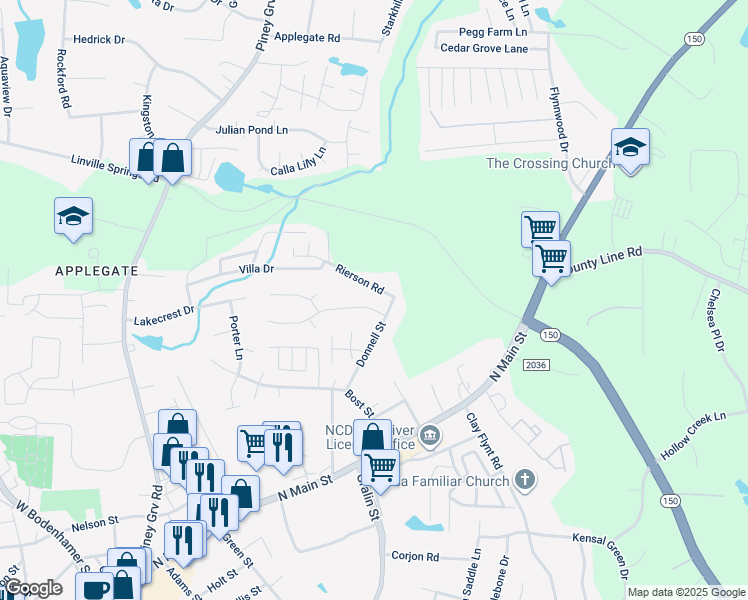 map of restaurants, bars, coffee shops, grocery stores, and more near 304 Windsor Manor Way in Kernersville