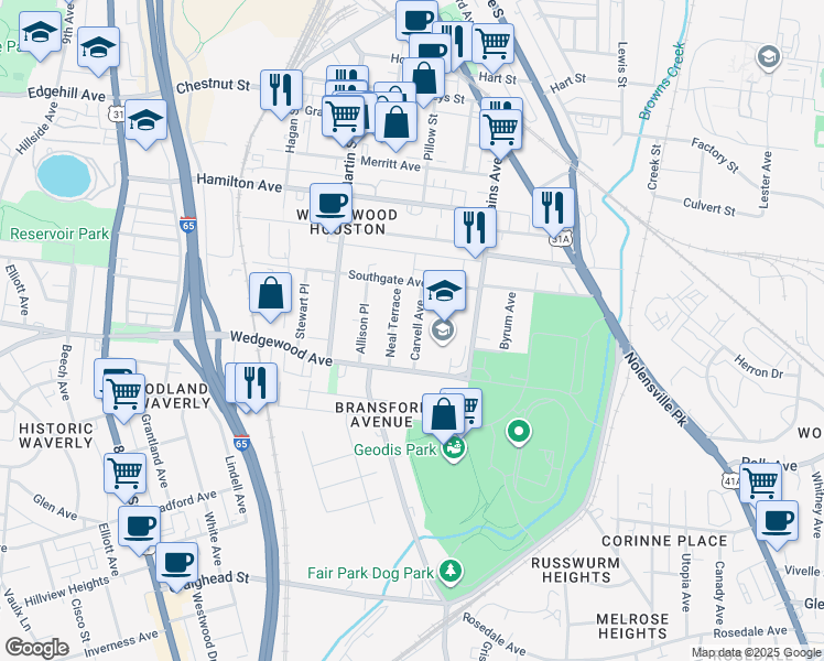 map of restaurants, bars, coffee shops, grocery stores, and more near 1712B Neal Terrace in Nashville