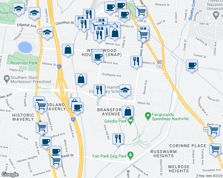 map of restaurants, bars, coffee shops, grocery stores, and more near 1714C Allison Place in Nashville